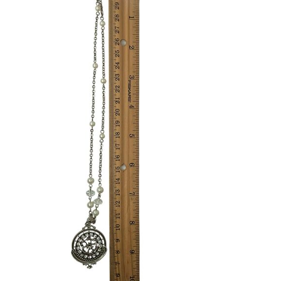 1928 Jewelry Medallion Pendant Necklace Pearls Silver Tone Victorian Revival - Picture 11 of 13